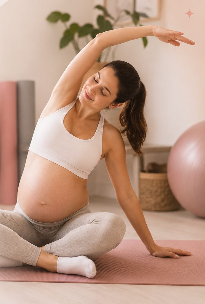Mujer embarazada realizando ejercicio guiado